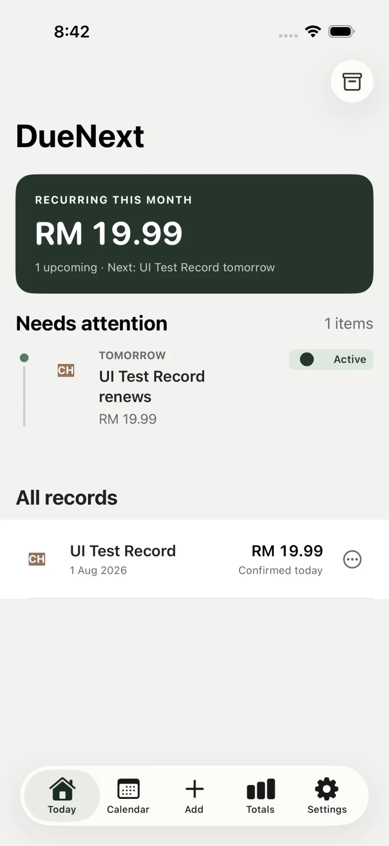 DueNext showing an upcoming recurring payment and payment records