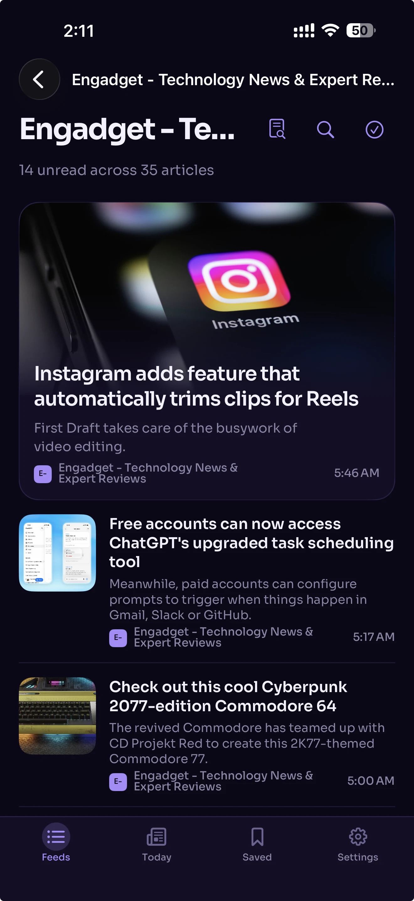 RSS Edition showing an Engadget feed with a featured Instagram story and a chronological list of technology articles