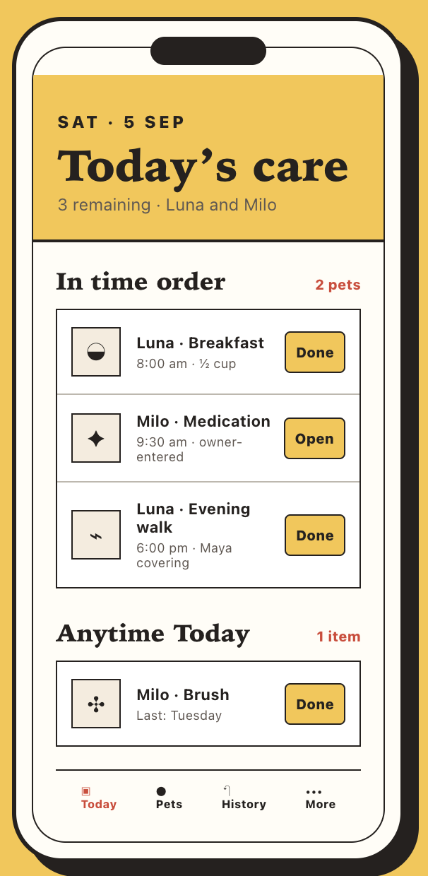 Petstead Today screen showing Luna and Milo care tasks in time order
