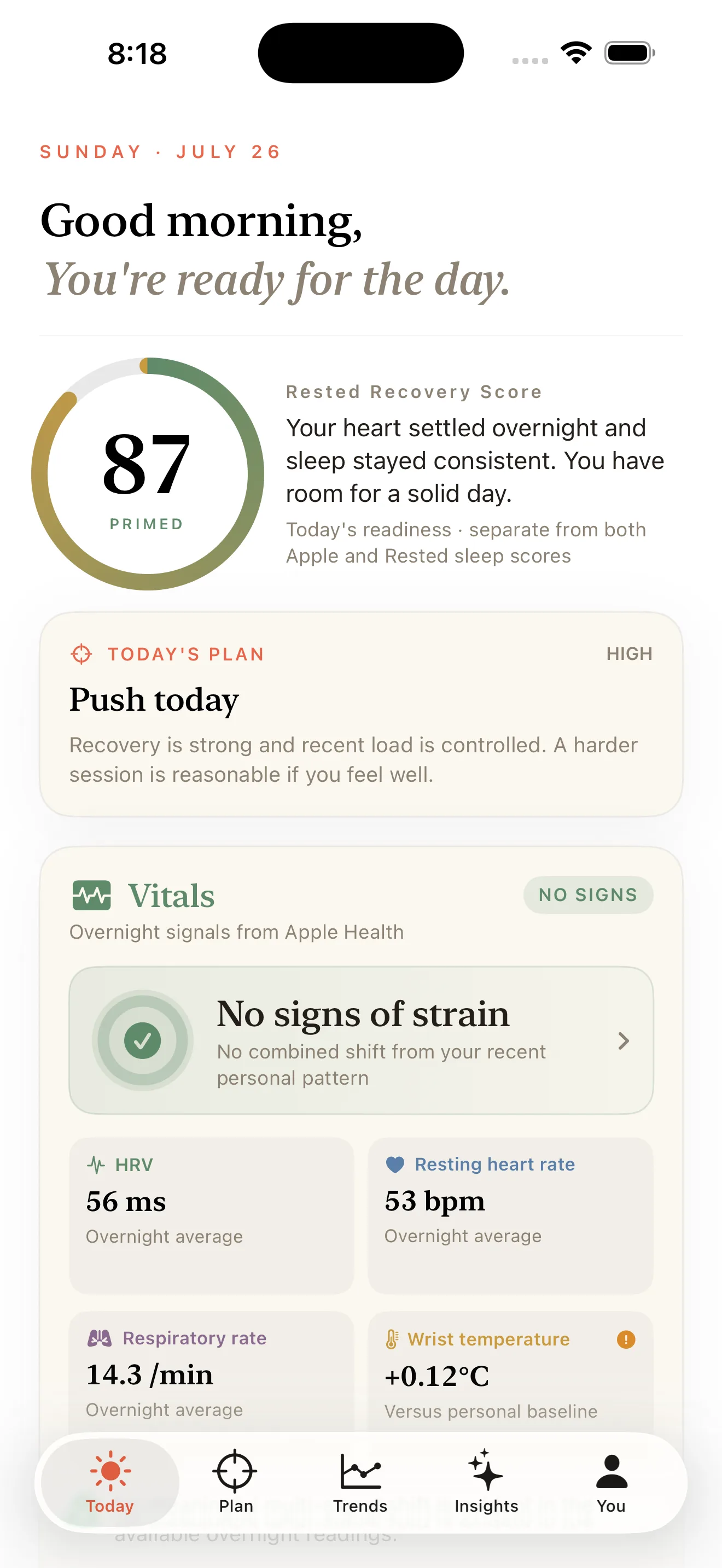 Rested showing a daily recovery summary