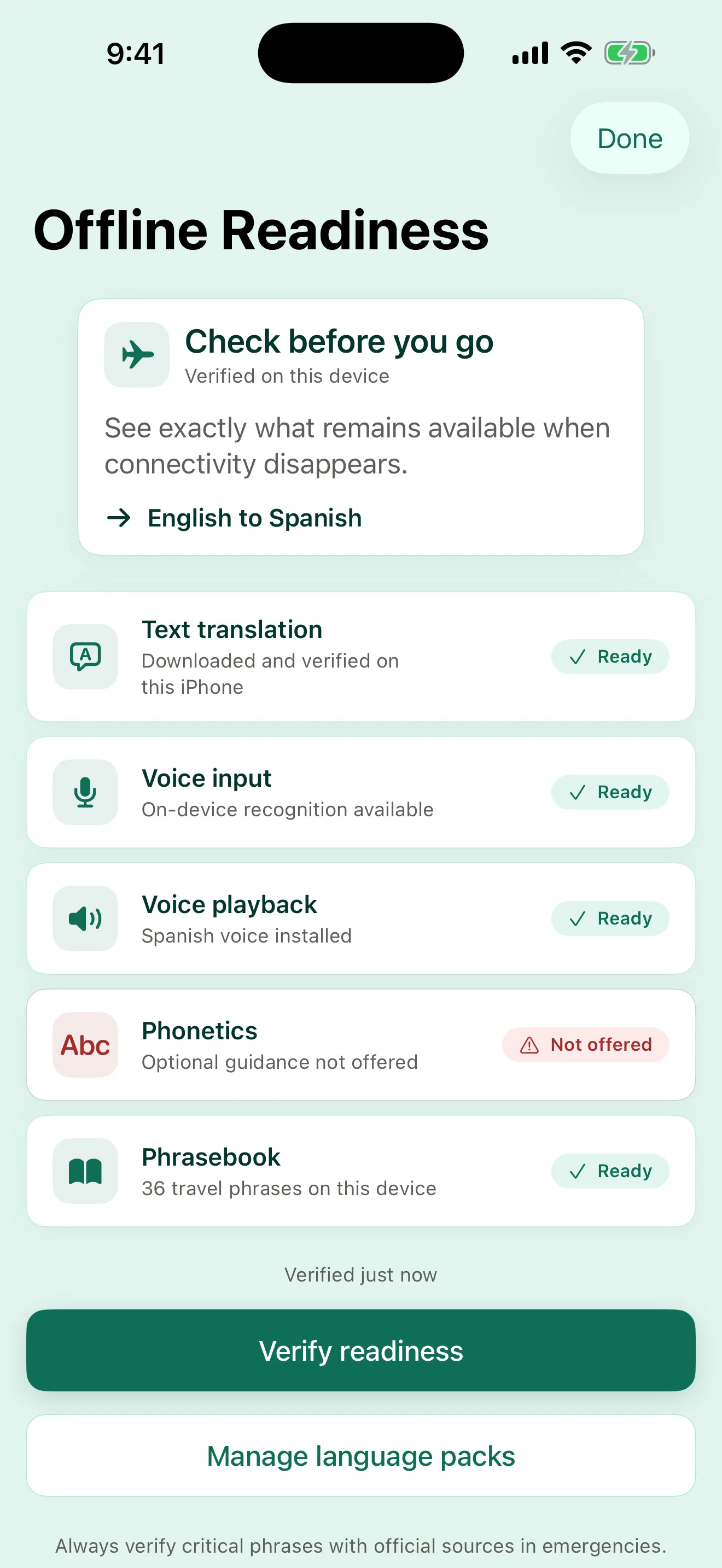 Say showing the offline readiness of selected languages