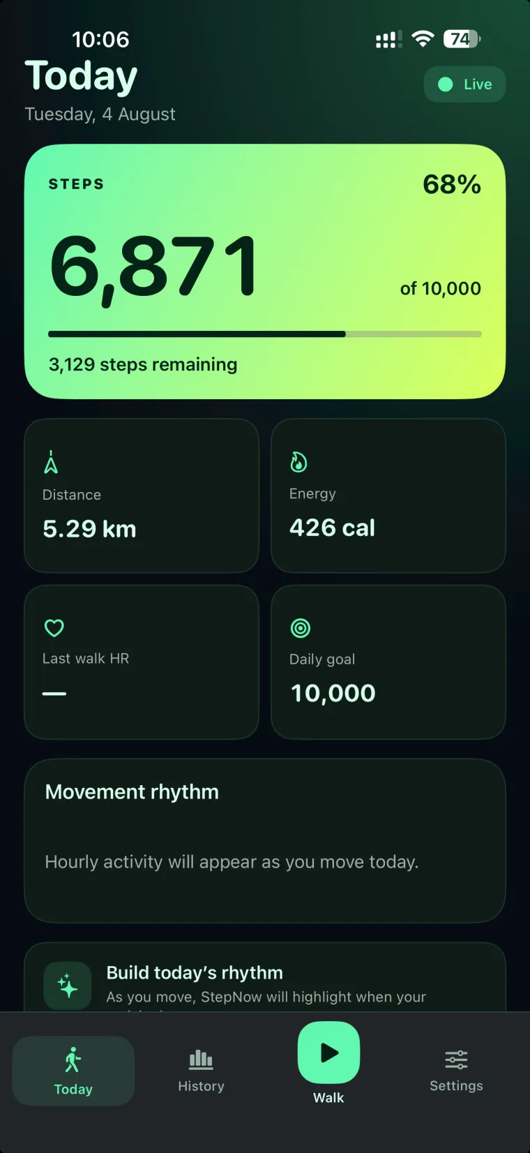 StepNow Today screen showing live steps, daily goal progress, and measurement status