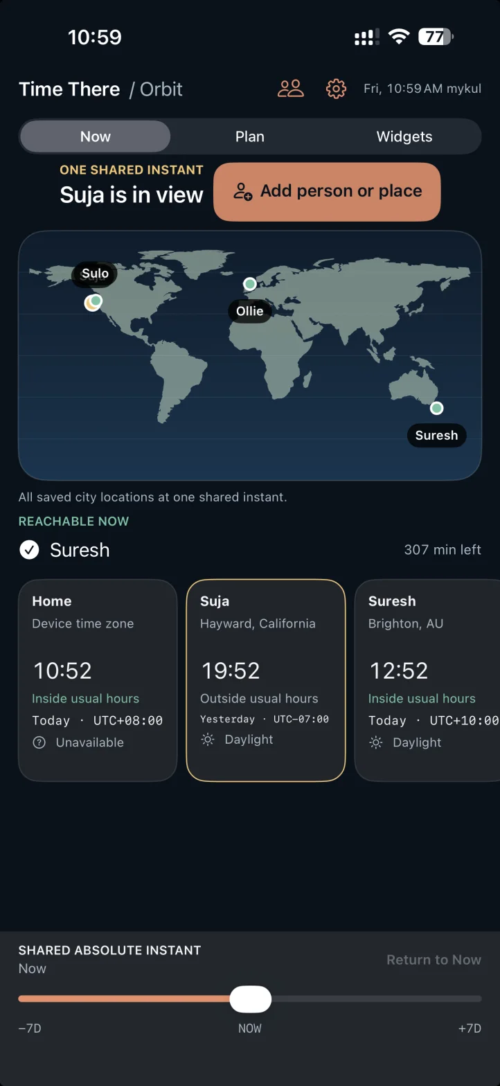Time There: World Clock Orbit screen showing saved locations, a world map, usual hours, and a shared-time scrubber
