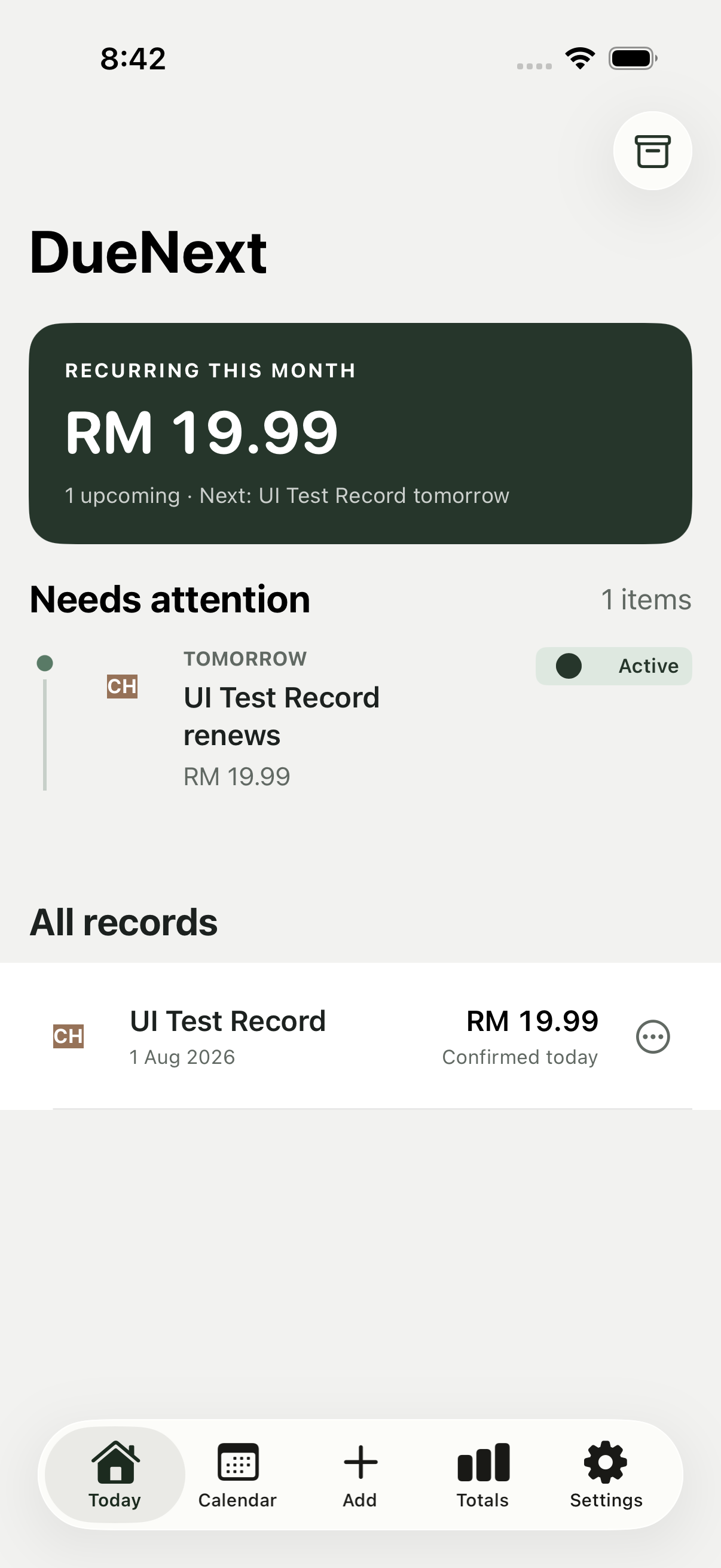 DueNext showing an upcoming recurring payment and payment records