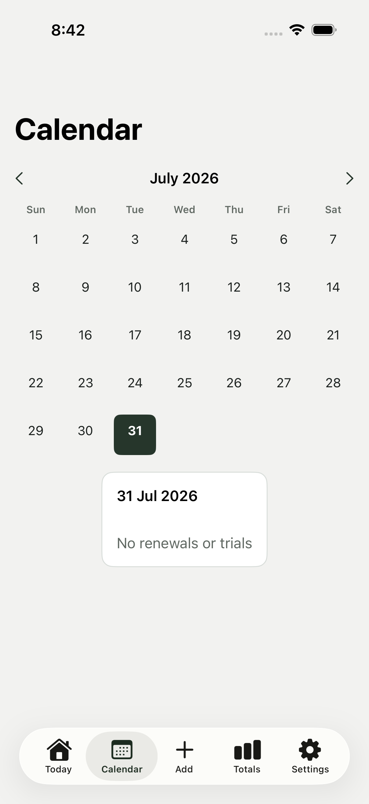 DueNext monthly calendar screen