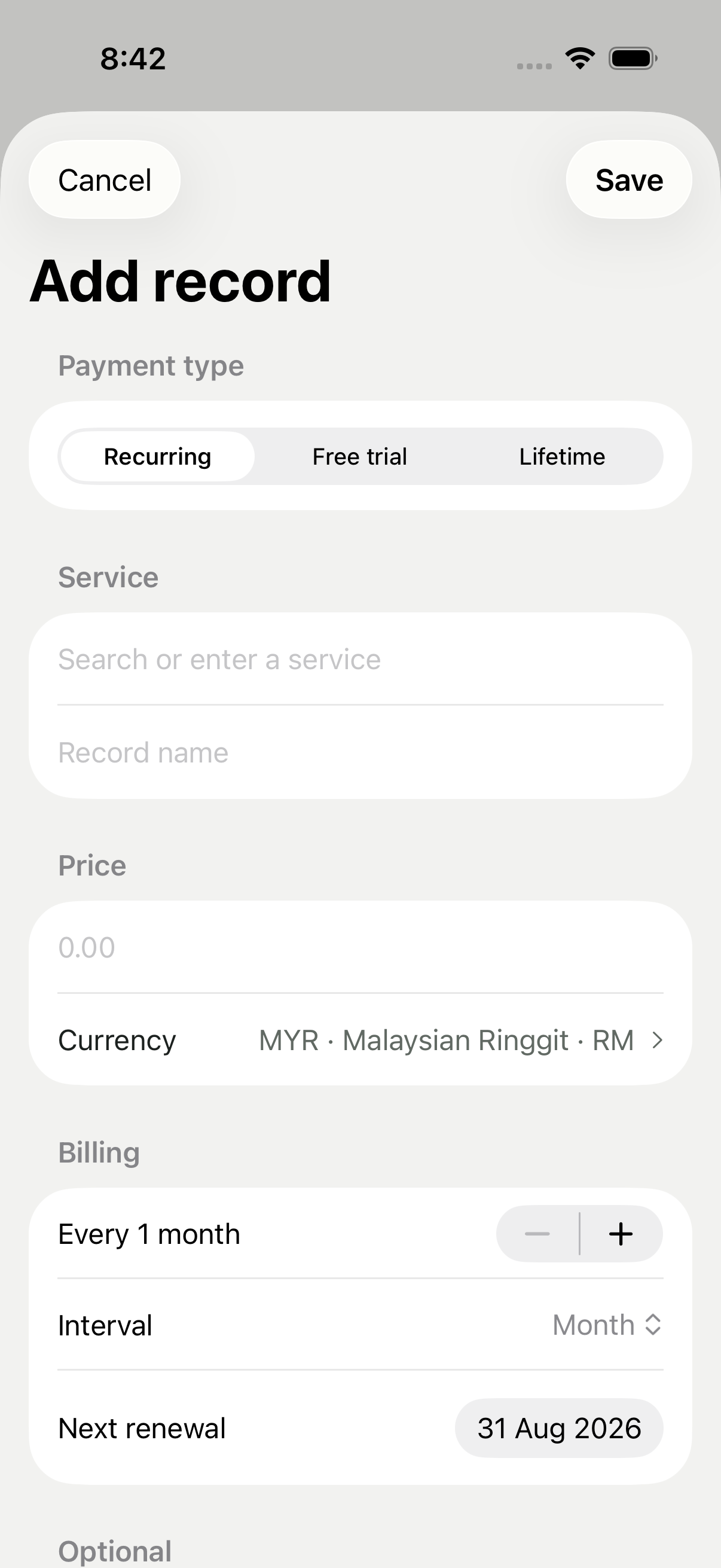 DueNext add payment record screen