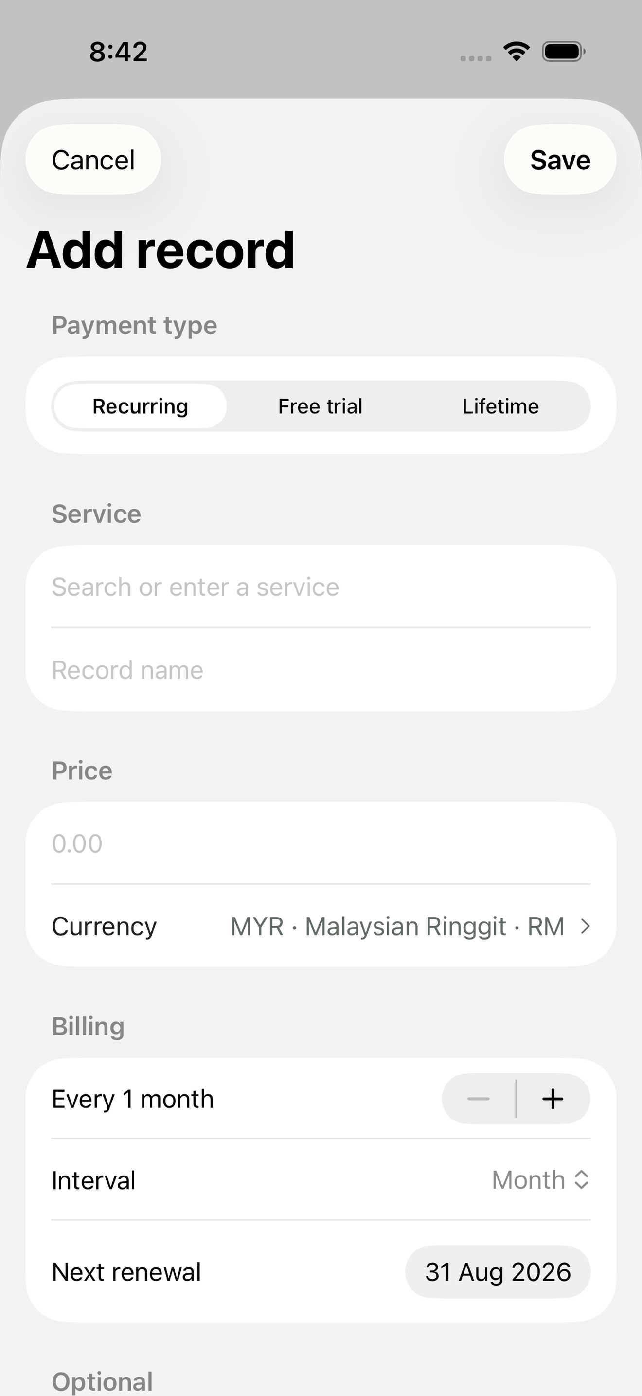 DueNext add payment record screen