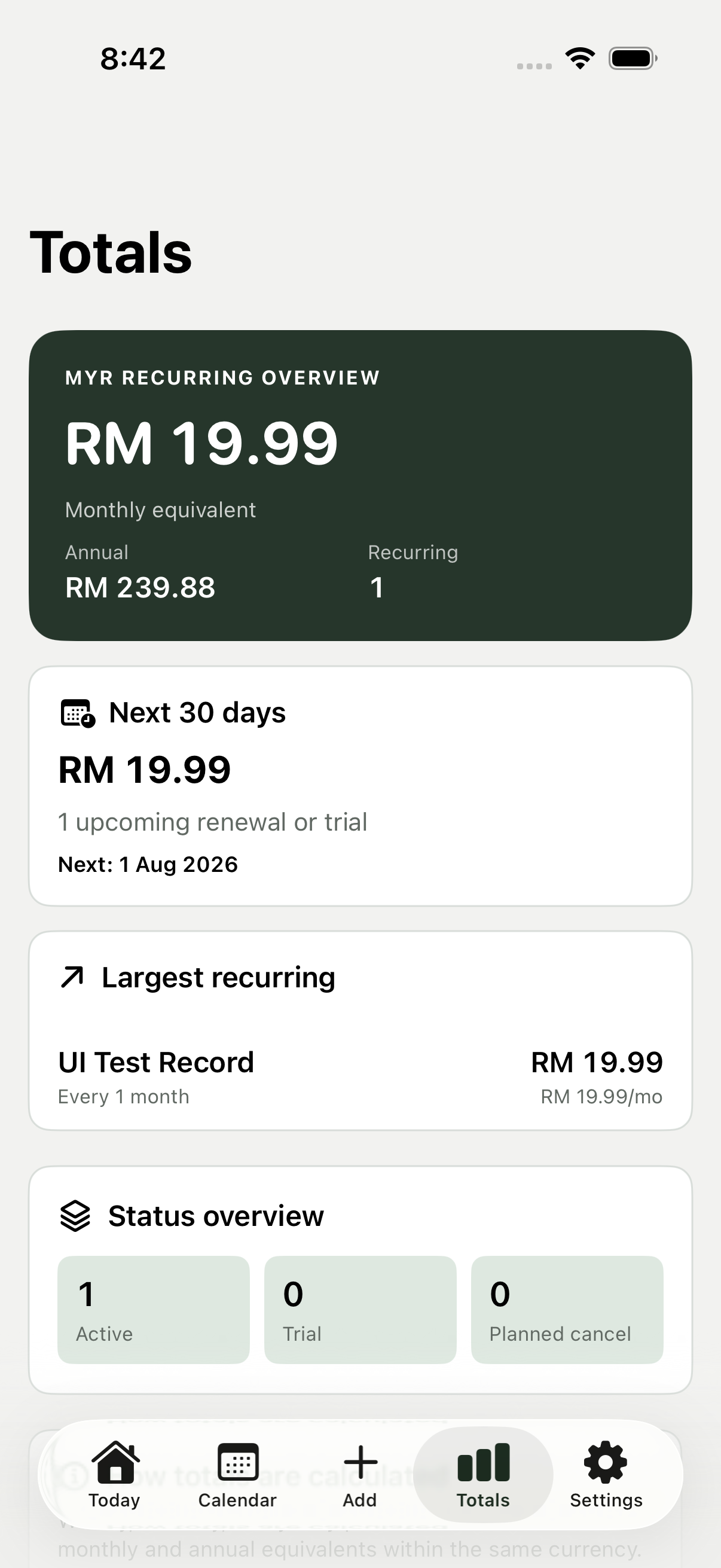 DueNext monthly and annual totals screen