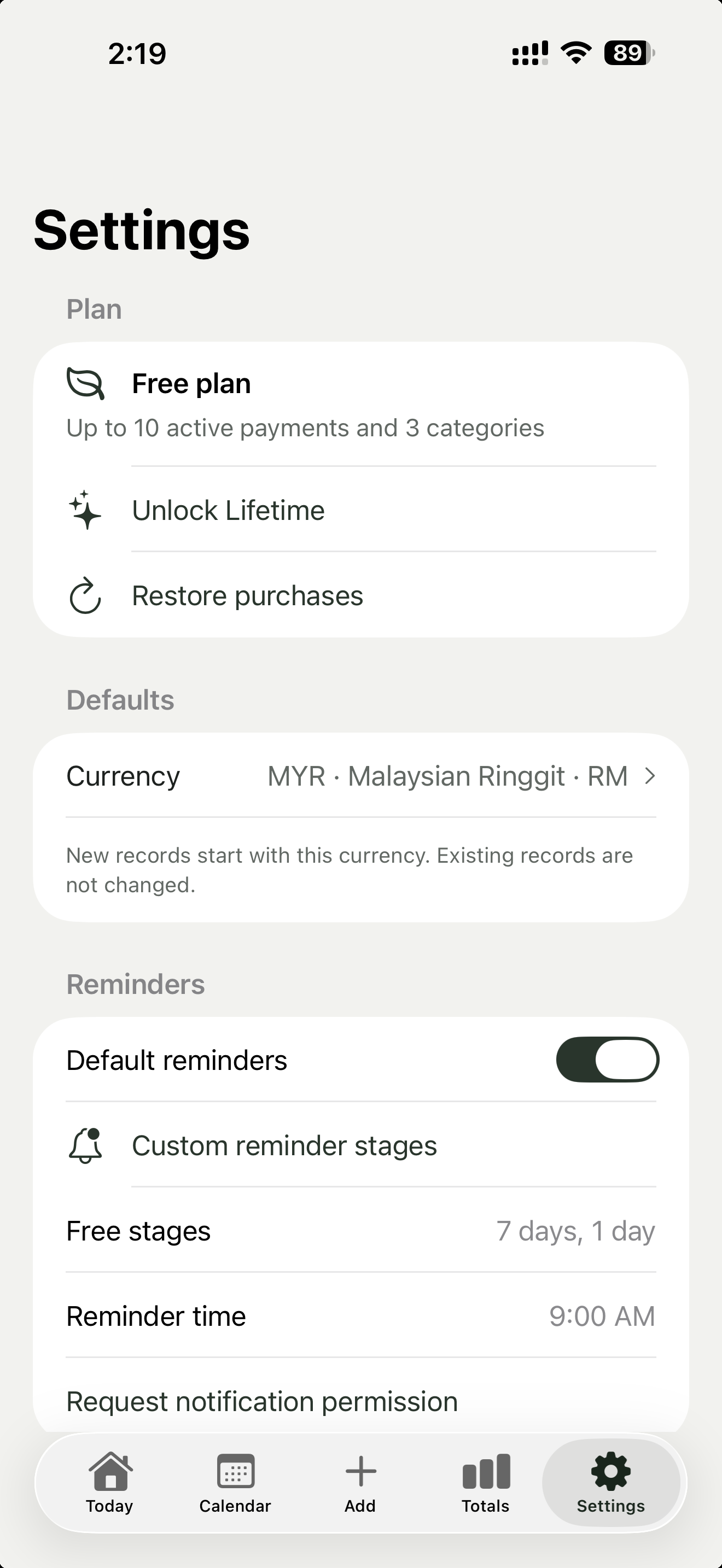 Settings and plan controls