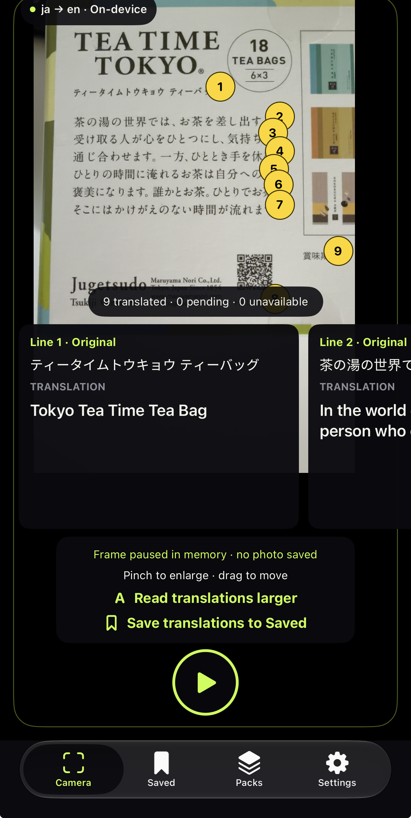 Frozen camera image with numbered Japanese source lines and matching translated cards