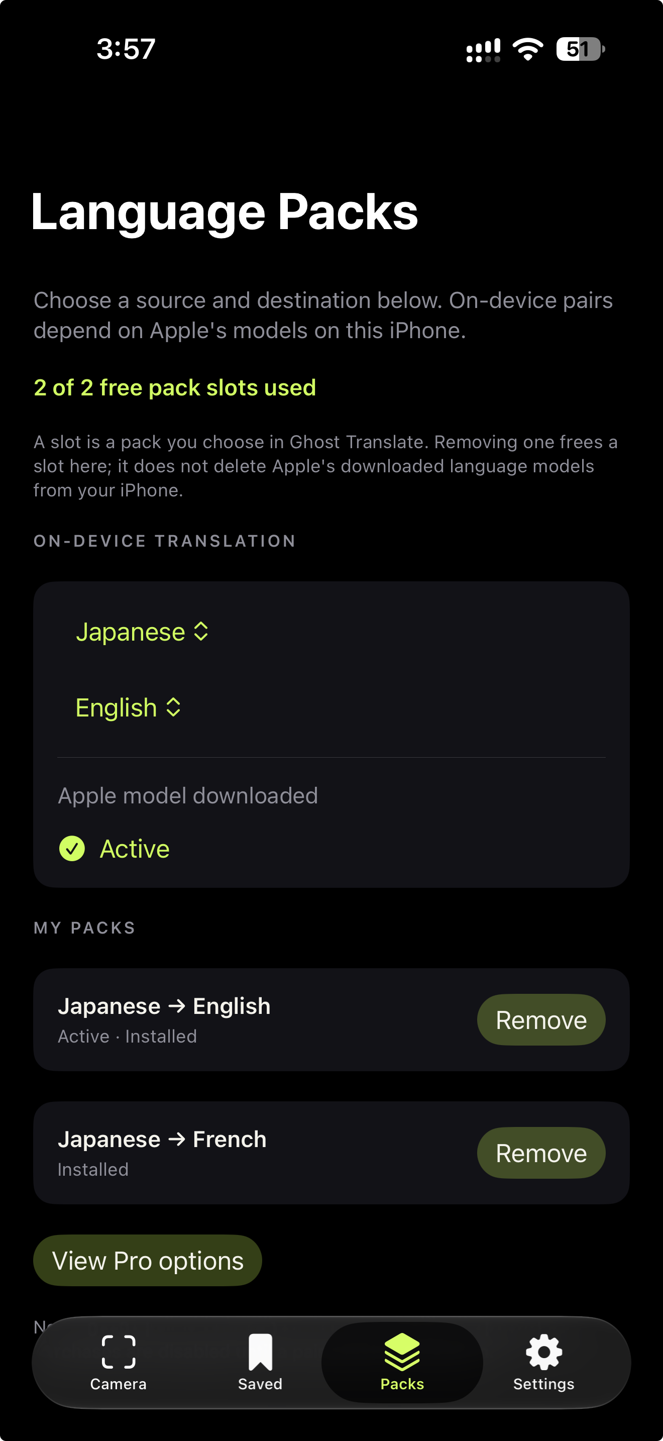 Language Packs screen with Japanese to English active and Japanese to French installed