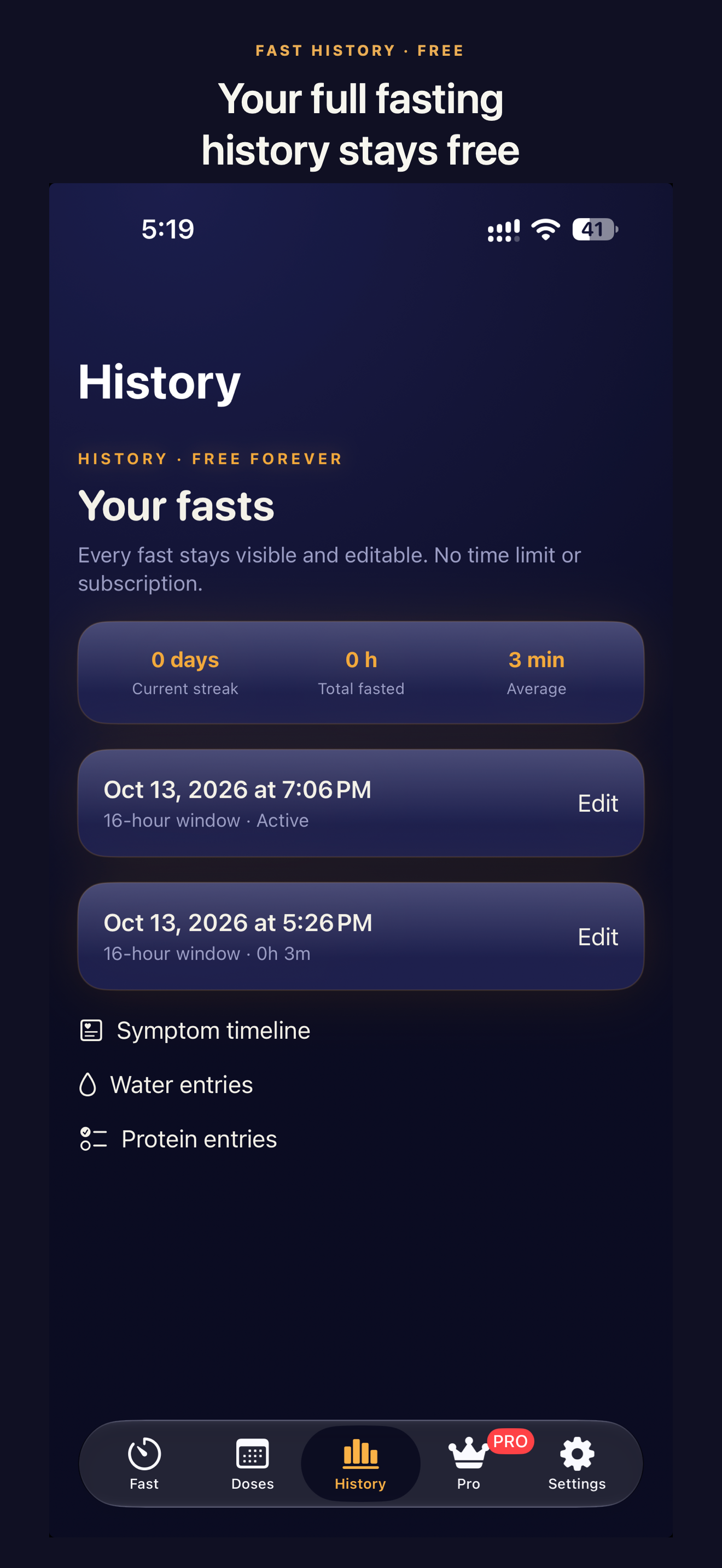 Fasting history screen with editable fast entries and links to symptom, water and protein records