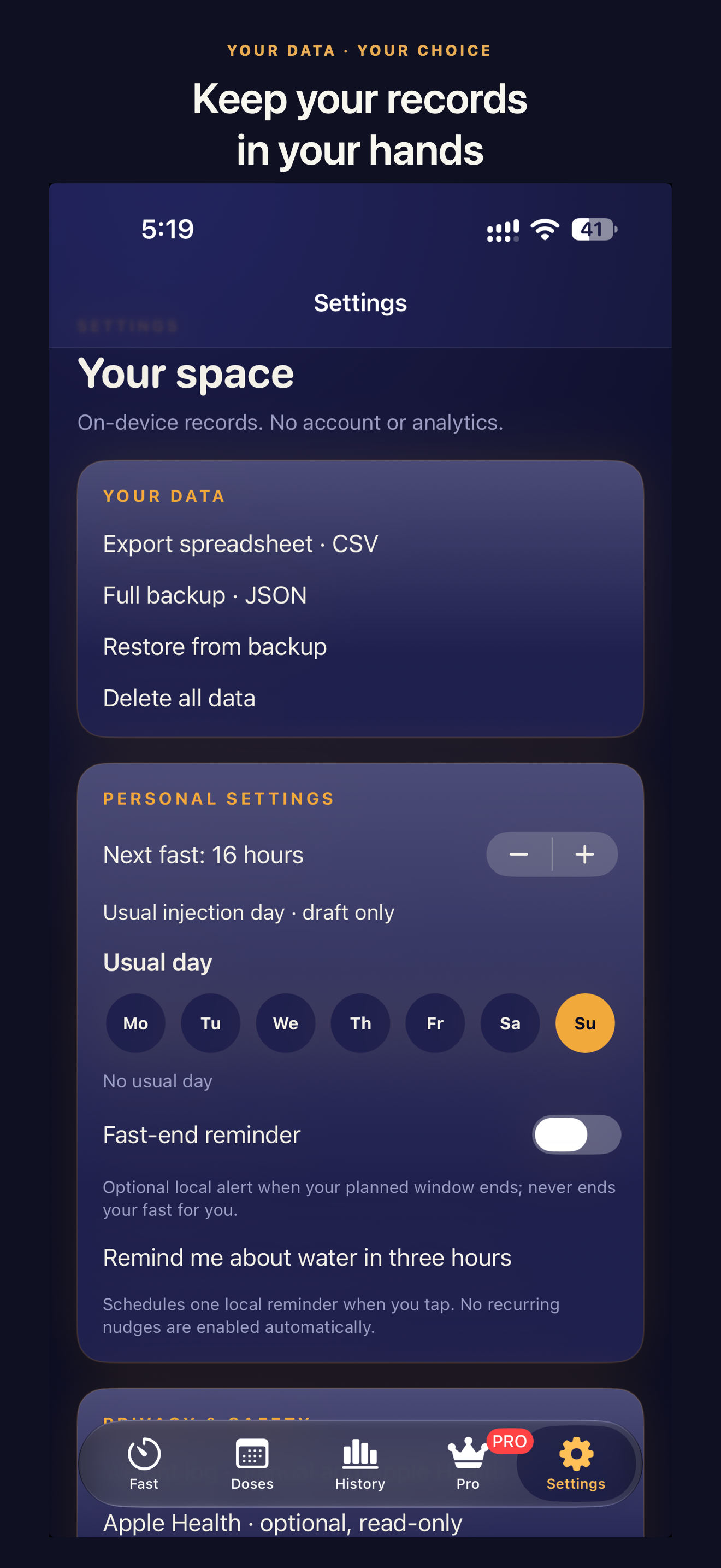 Settings screen with CSV export, full JSON backup, restore and data deletion controls