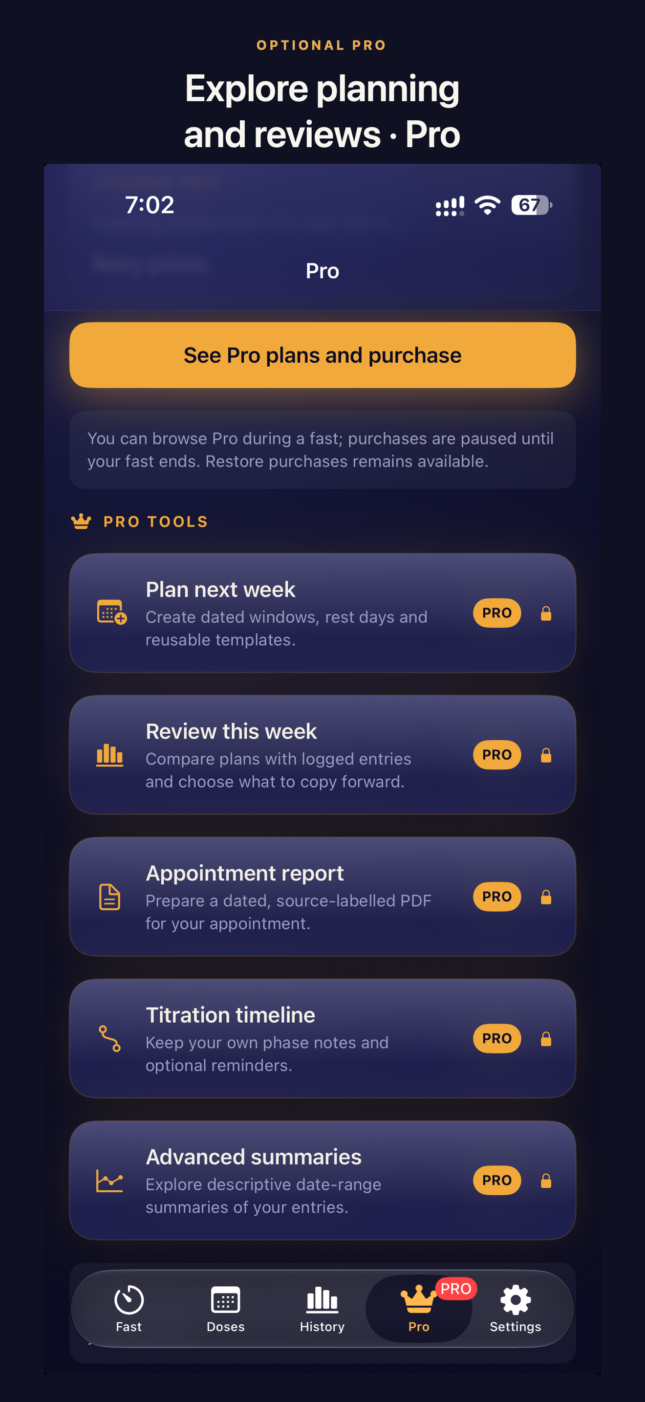 Optional Pro tools menu showing planning, weekly review, appointment report, phase timeline and advanced summaries
