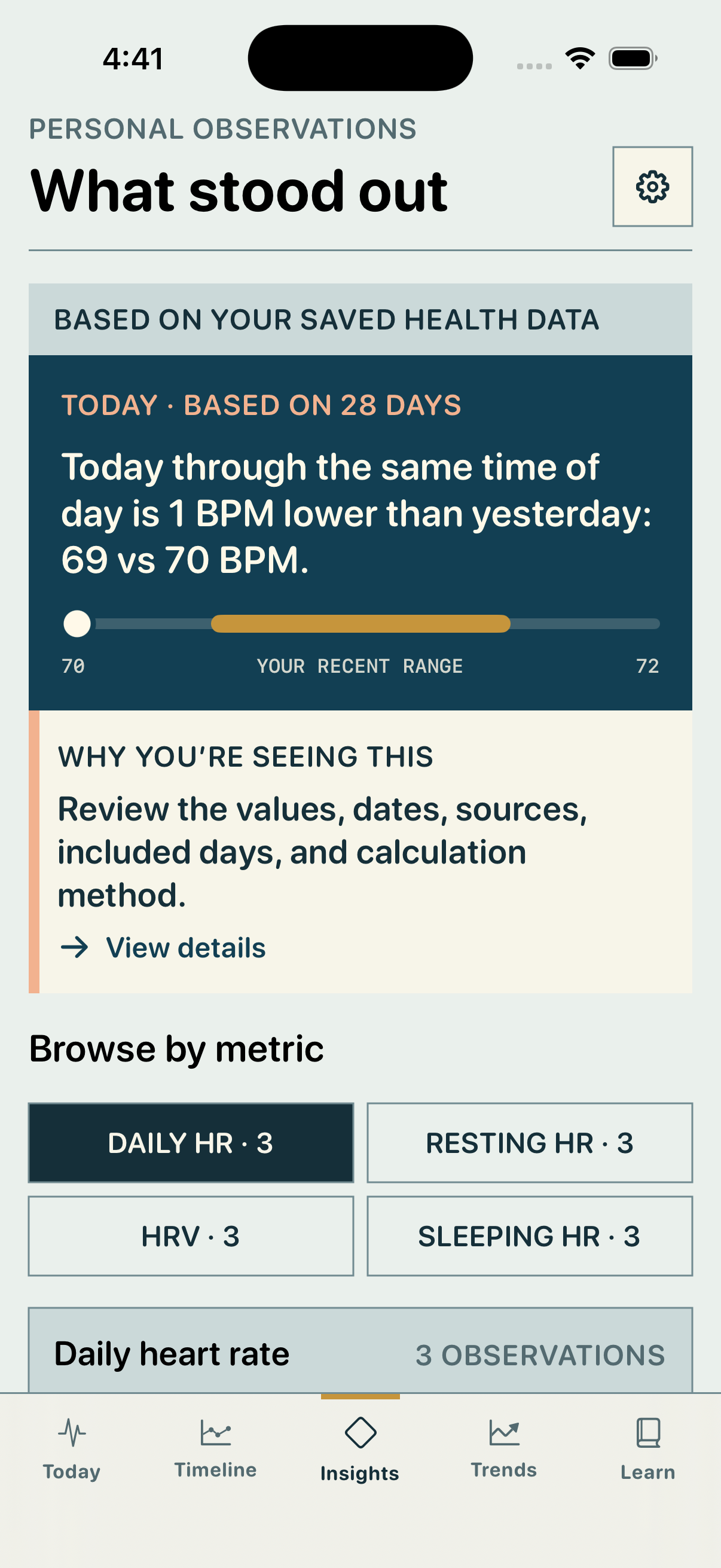 HeartStory personal observation with recent-range context and an explanation link