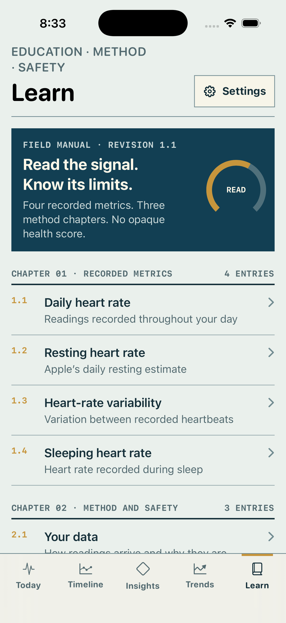HeartStory Learn screen with heart metric education