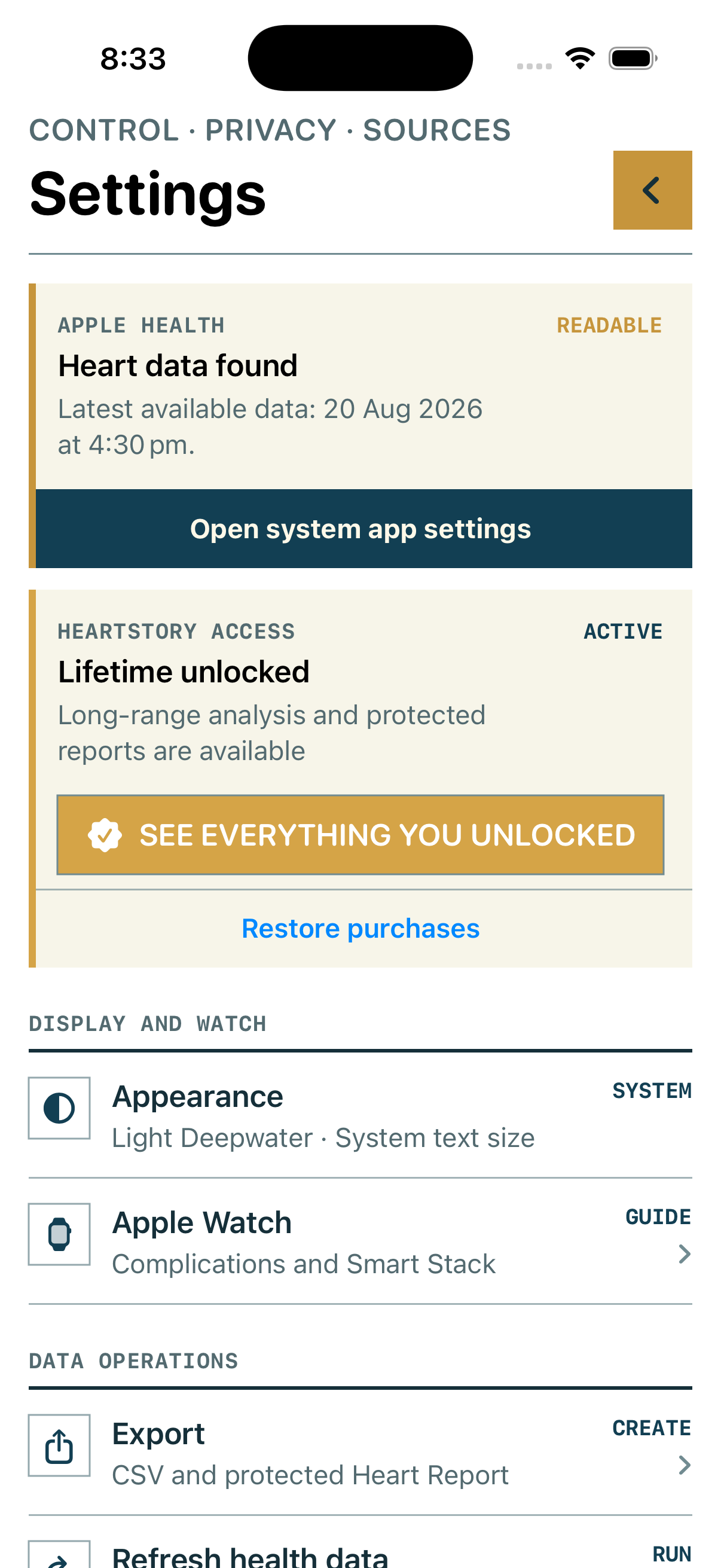 HeartStory Settings screen showing readable Apple Health data, Lifetime access, appearance, Watch, and export controls