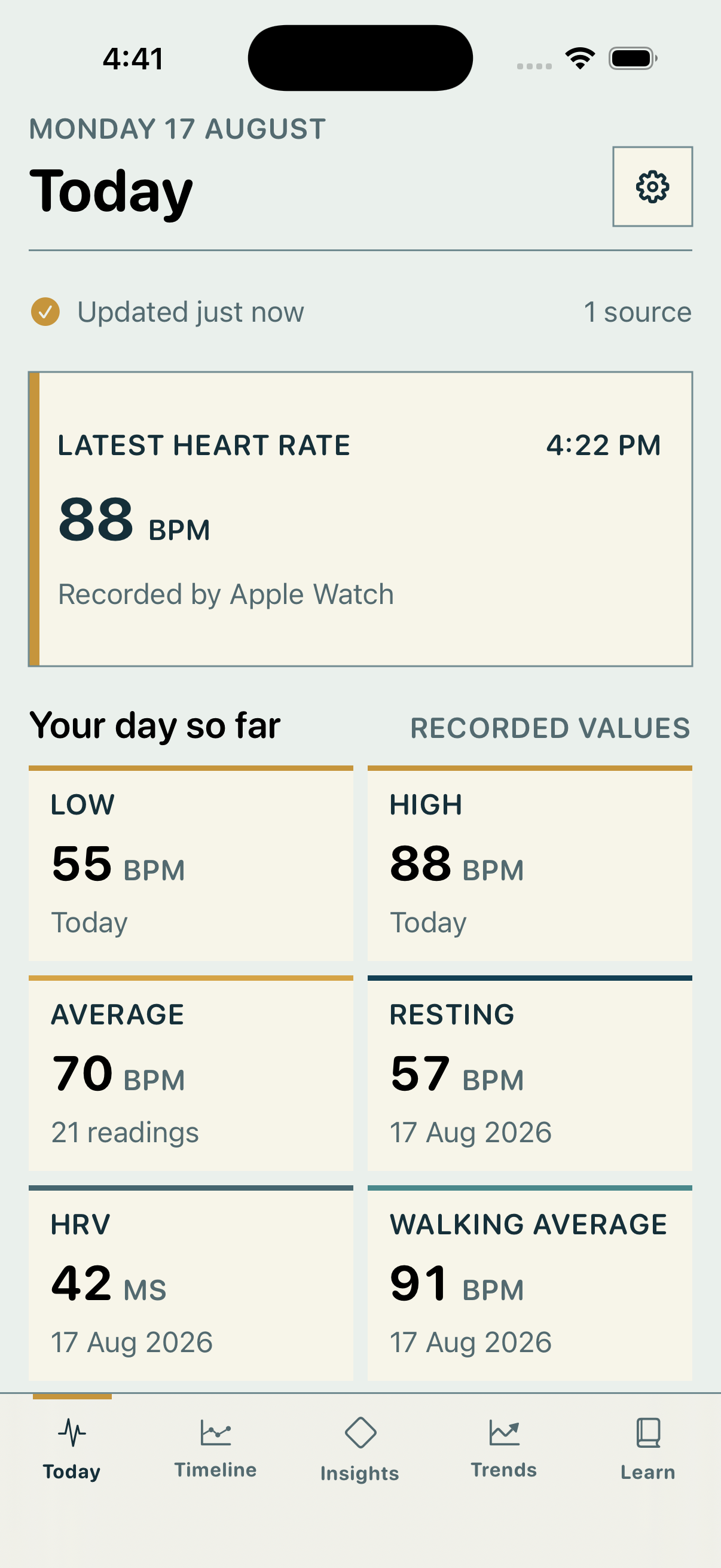 HeartStory Today screen showing a latest heart-rate reading and daily Apple Watch metrics