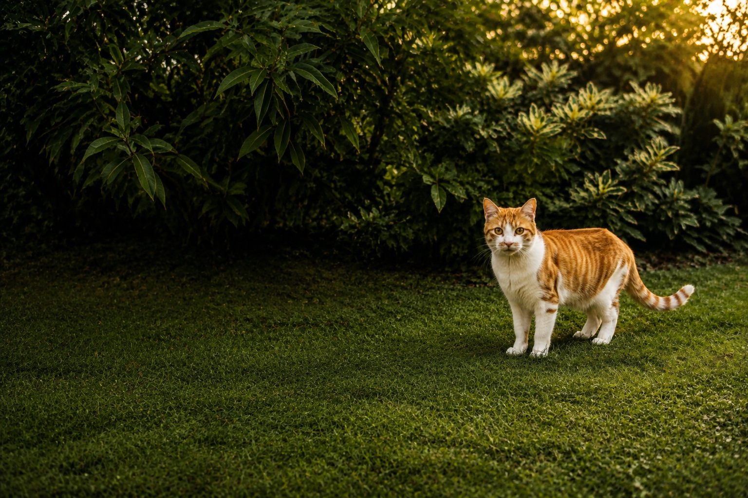 Milo, an alert orange-and-white cat standing in a sunlit garden