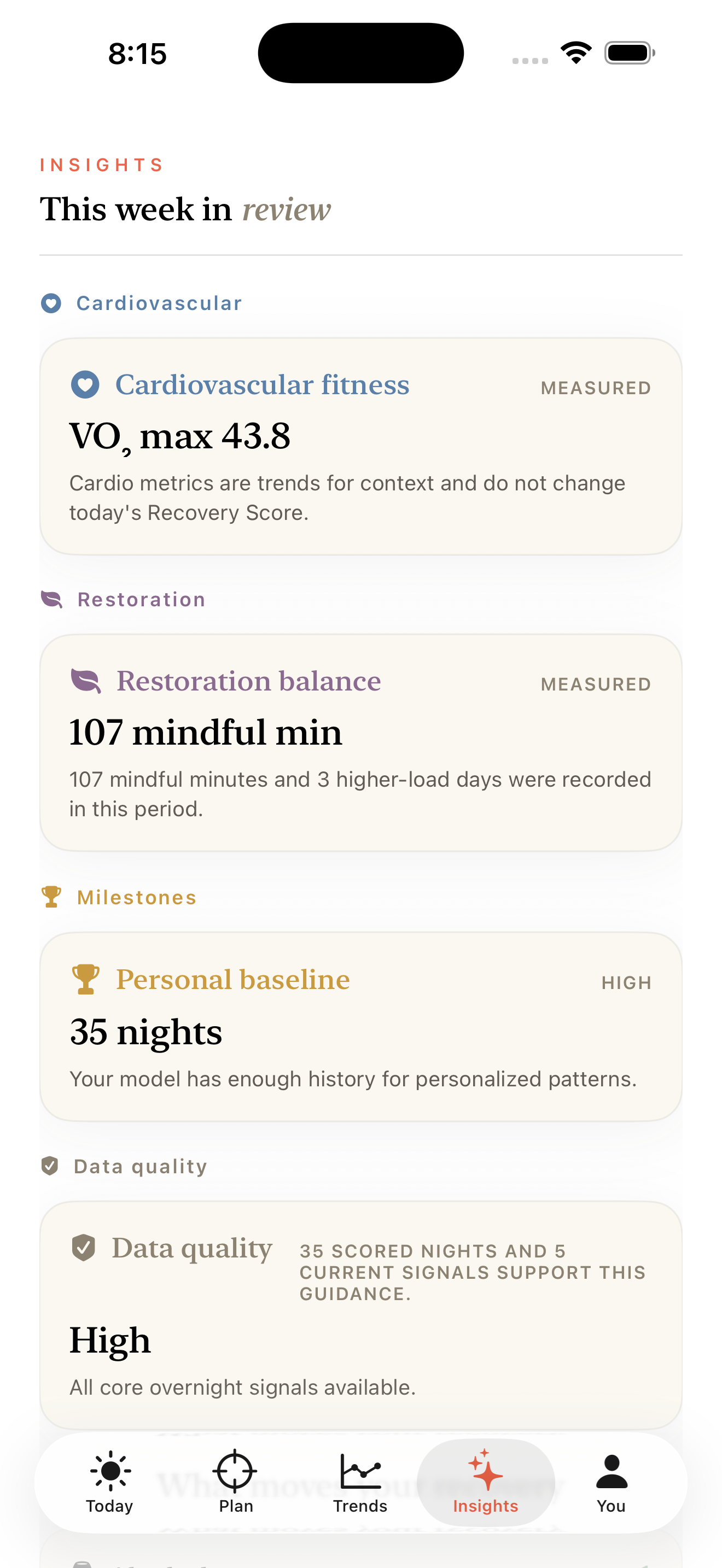 Rested deeper Insights showing cardiovascular fitness, restoration, baseline milestone, and data quality