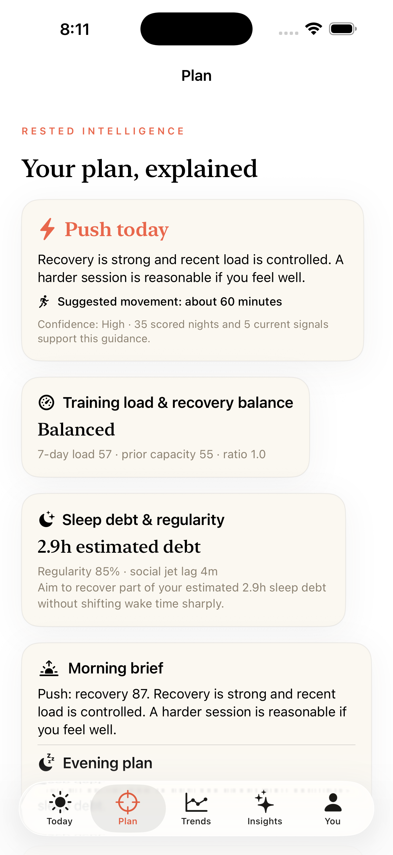 Rested Plan screen with readiness, training load, sleep debt, and morning brief