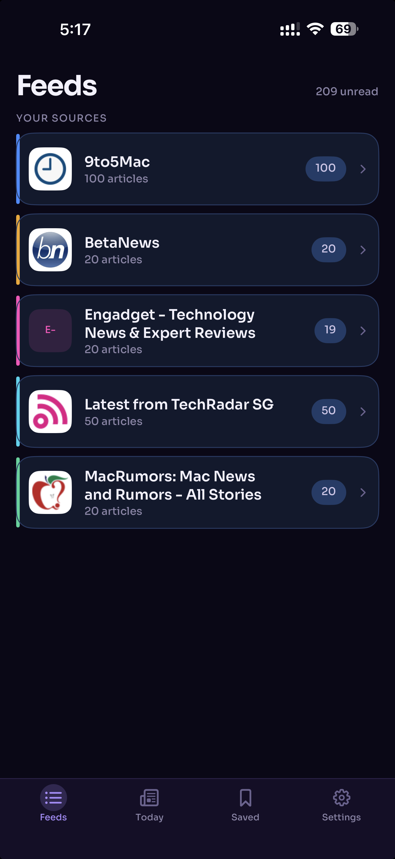 RSS Edition Feeds screen showing subscribed publications and unread counts