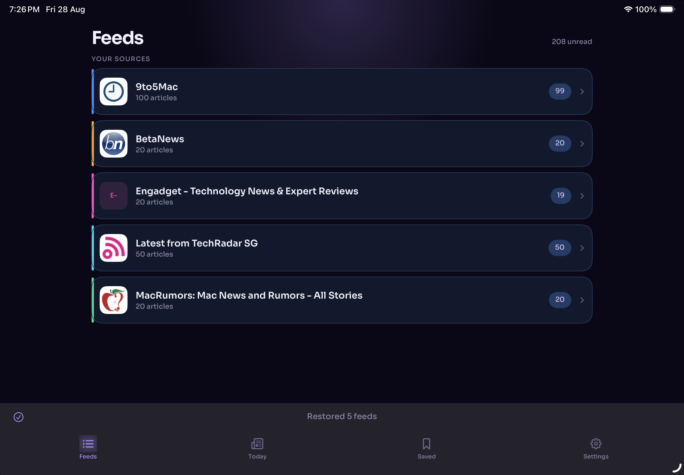 Current RSS Edition iPad Feeds screen after restoring five feeds