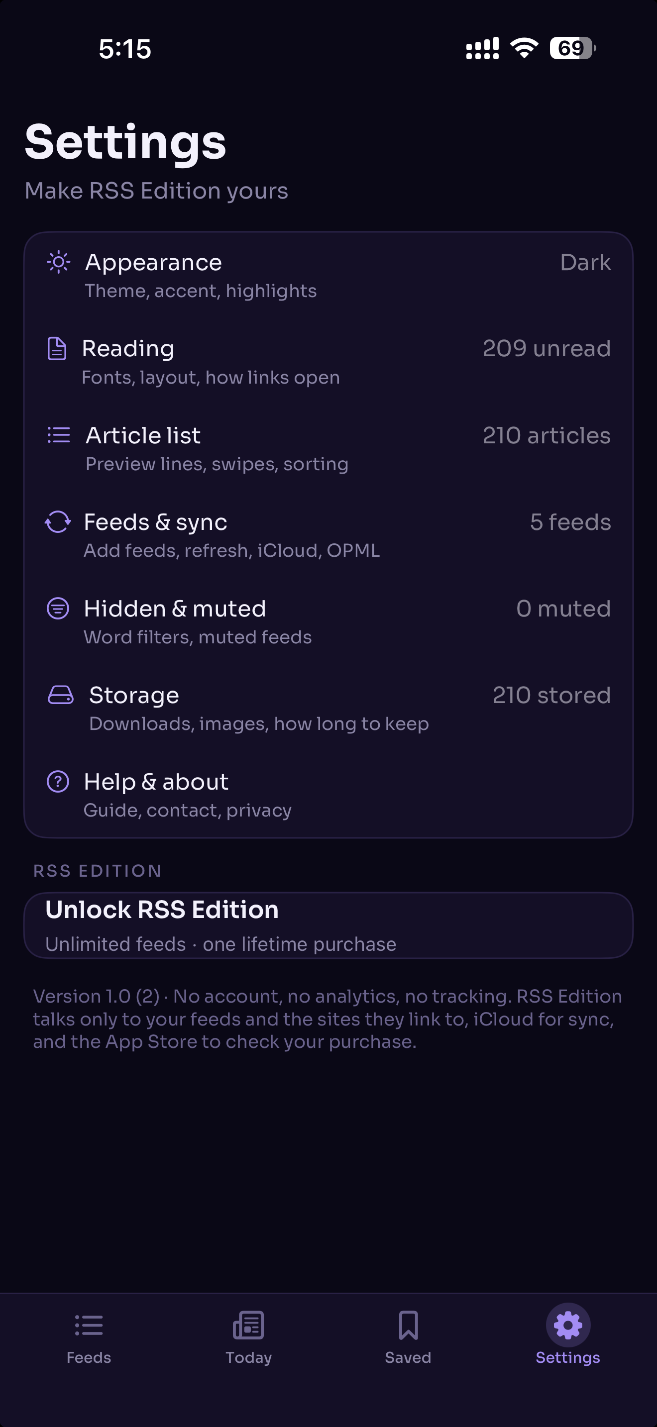 Current RSS Edition Settings screen