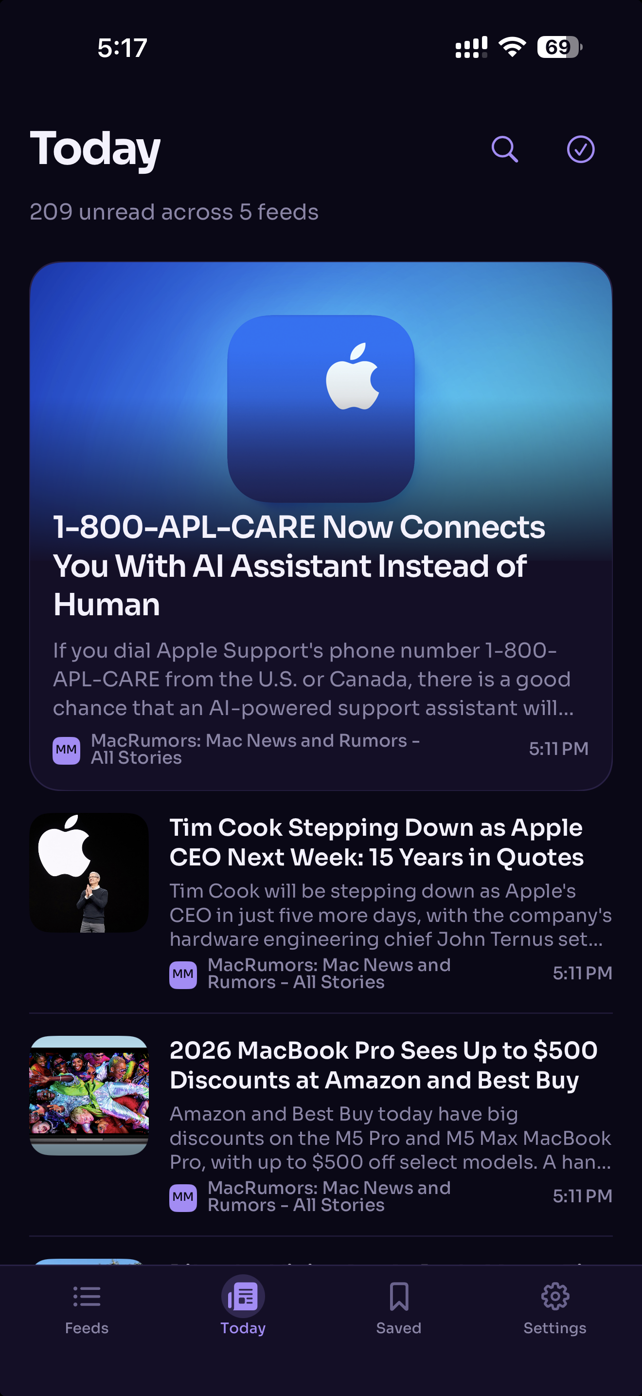 RSS Edition Today screen showing unread stories in chronological order
