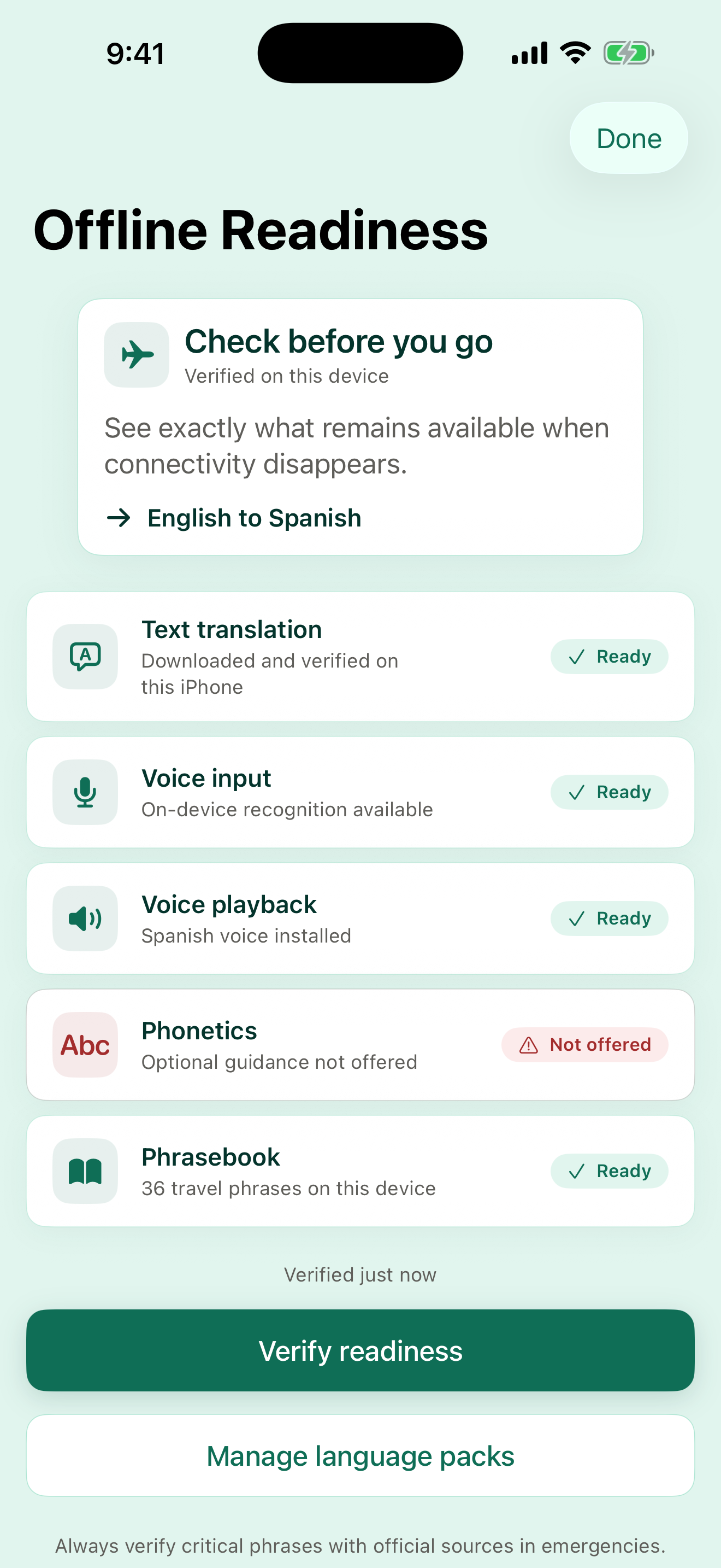 Say app showing offline readiness for English to Spanish