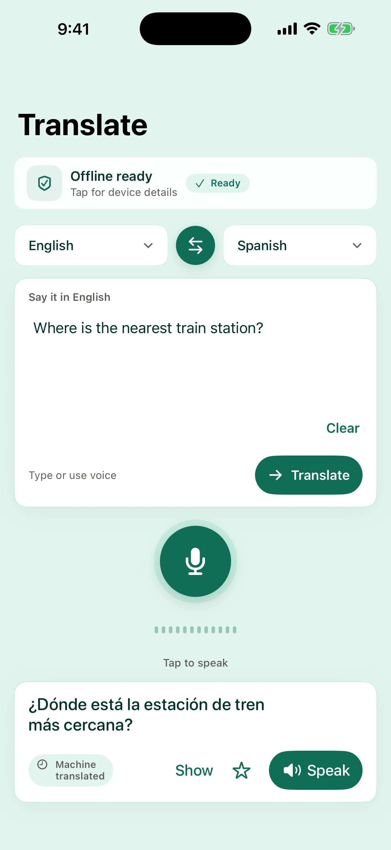 Say translation screen with Spanish result