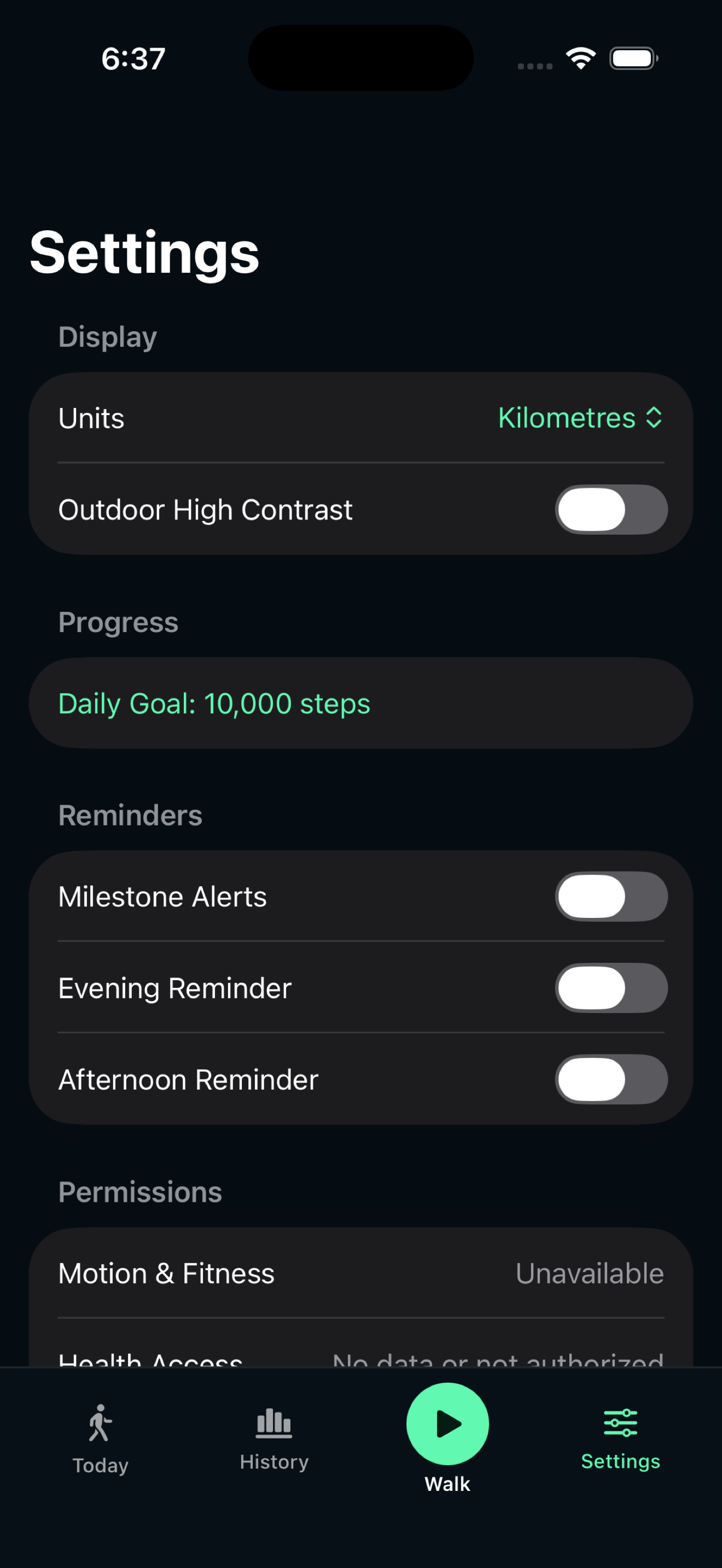 StepNow real-device Settings screen for units, daily goal, reminders, permissions, privacy, and app data
