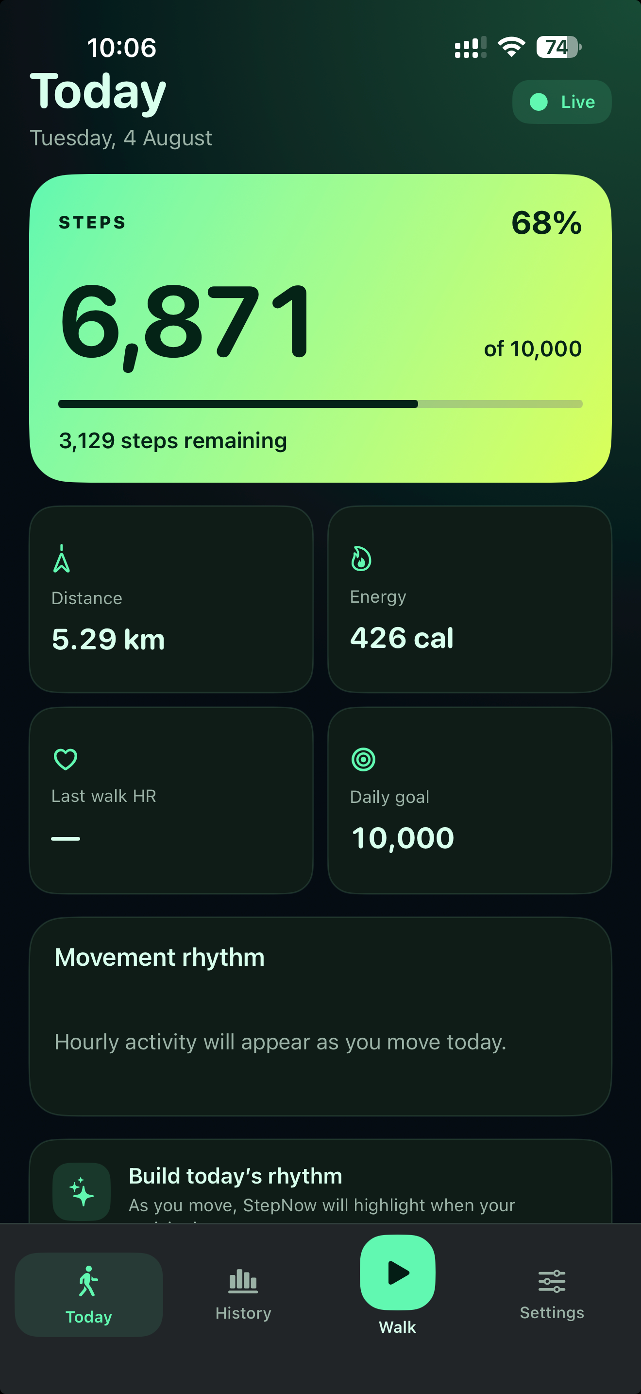 StepNow real-device Today screen showing 6,871 live steps, 68 percent daily-goal progress, distance, energy, and movement status