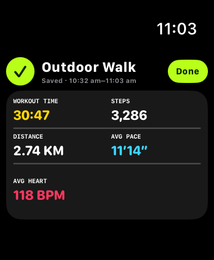 StepNow Apple Watch saved walk summary showing workout time, steps, distance, pace, and heart rate