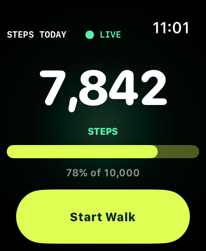 StepNow Apple Watch Today screen showing 2,904 live steps and daily-goal progress